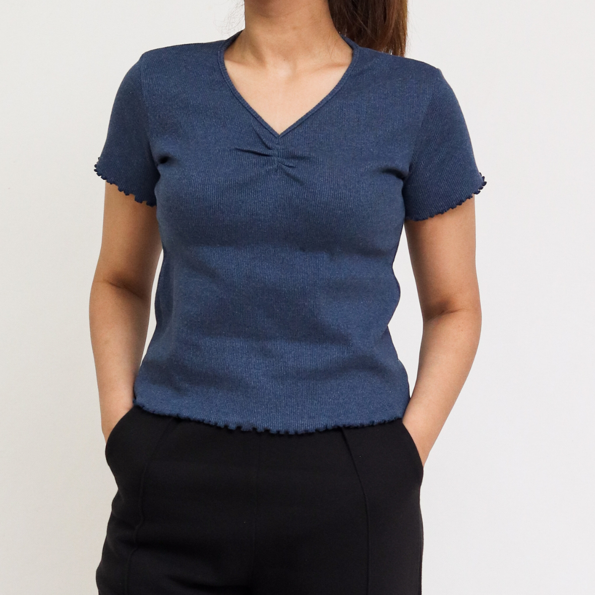 Denim Blue Ribbed V-Neck