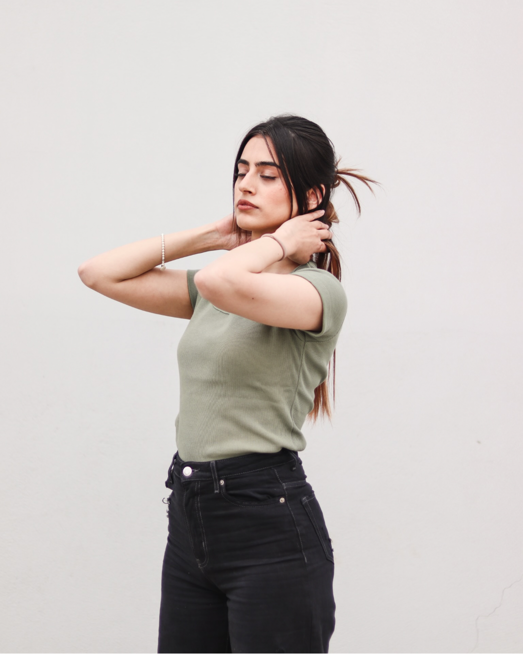 Olive Green Square Neck Ribbed Shirt