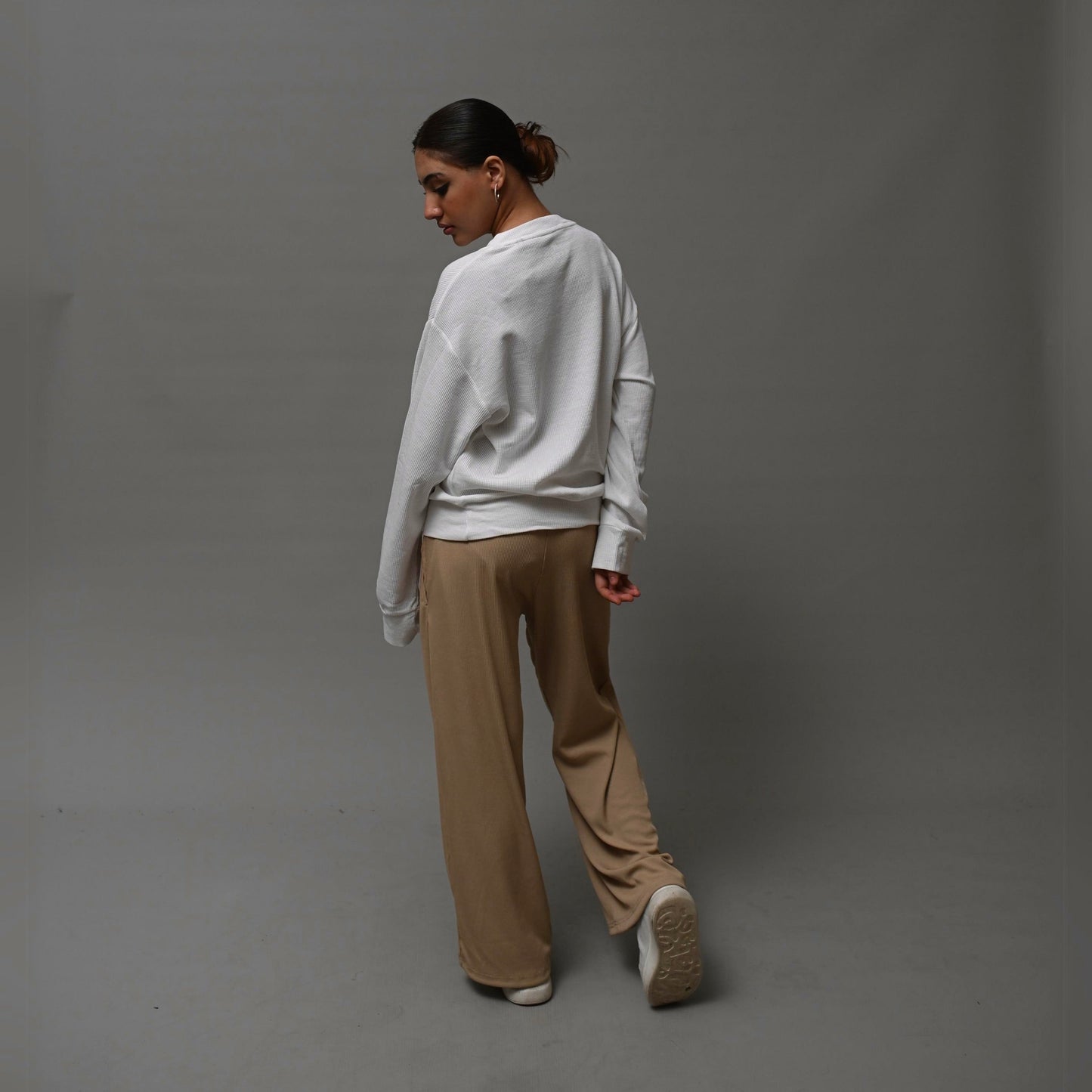 Beige Ribbed Straight Leg Pants