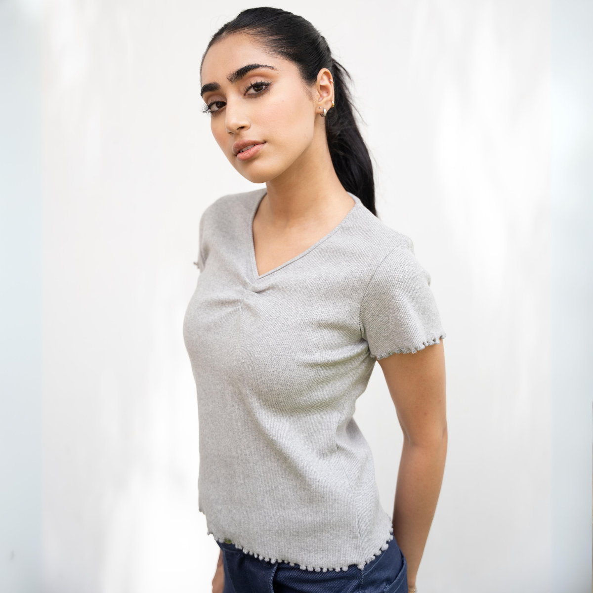 Grey Ribbed V-Neck