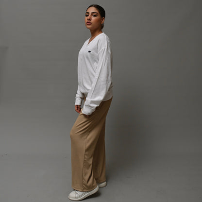 Beige Ribbed Straight Leg Pants