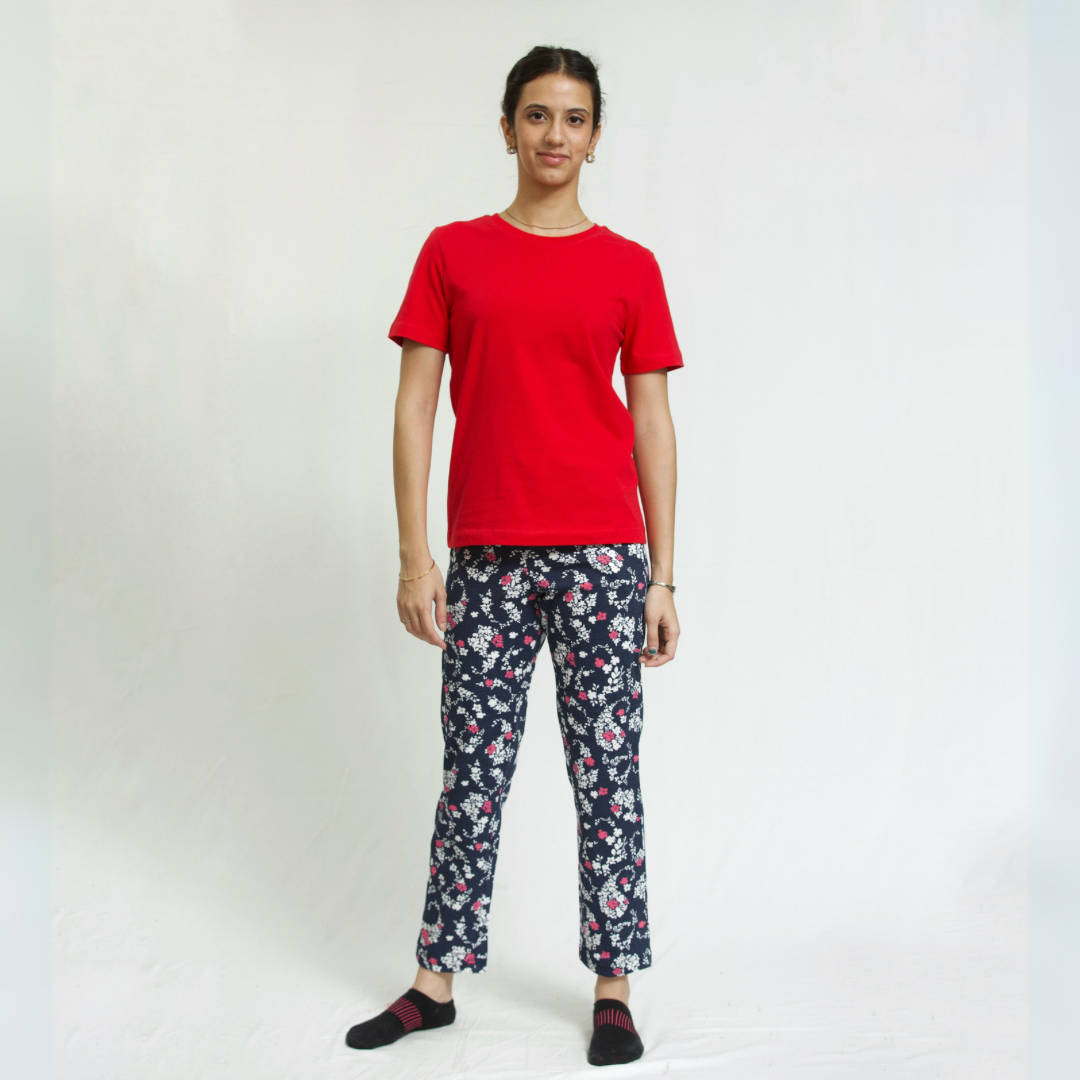 Floral Pyjama Night Suit Set with Red Tee