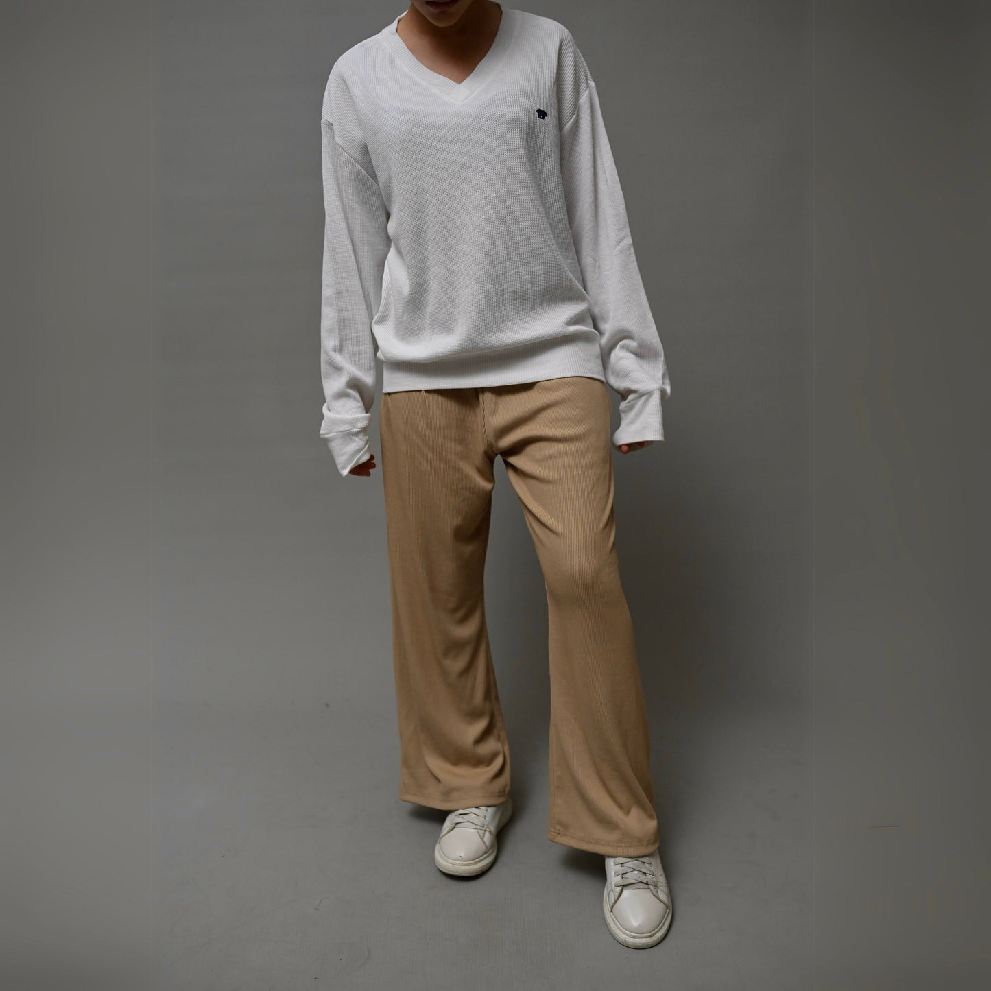 Beige Ribbed Straight Leg Pants