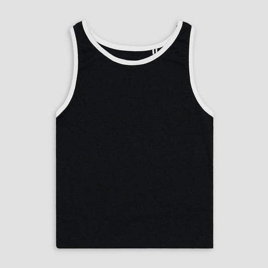 Essential Black Ribbed Tank Top with White Outline