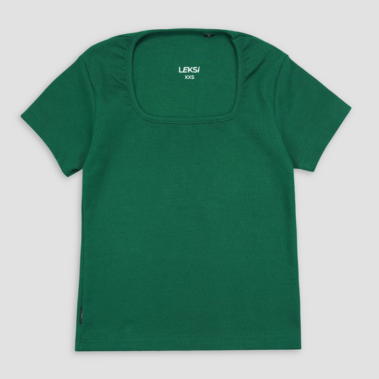 Dark Green Square Neck Ribbed Shirt