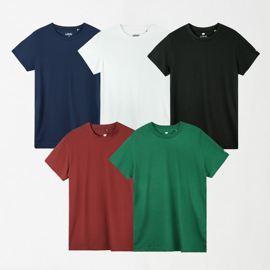 Bundle Deal 5 -  5 Round Neck Unisex T-Shirts (Black, White, Dark Green, Navy Blue, Maroon)