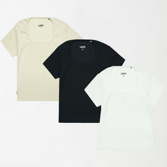 Square Neck Ribbed Shirts -  Bundle of 3 (White, Black, Off-White)