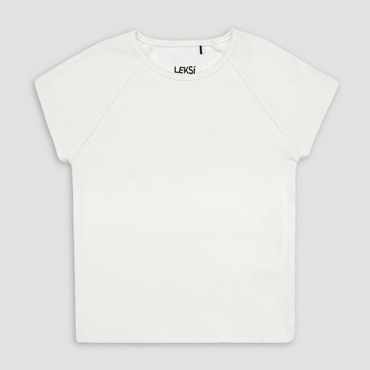 White Round Neckline Short Sleeve Ribbed Tee